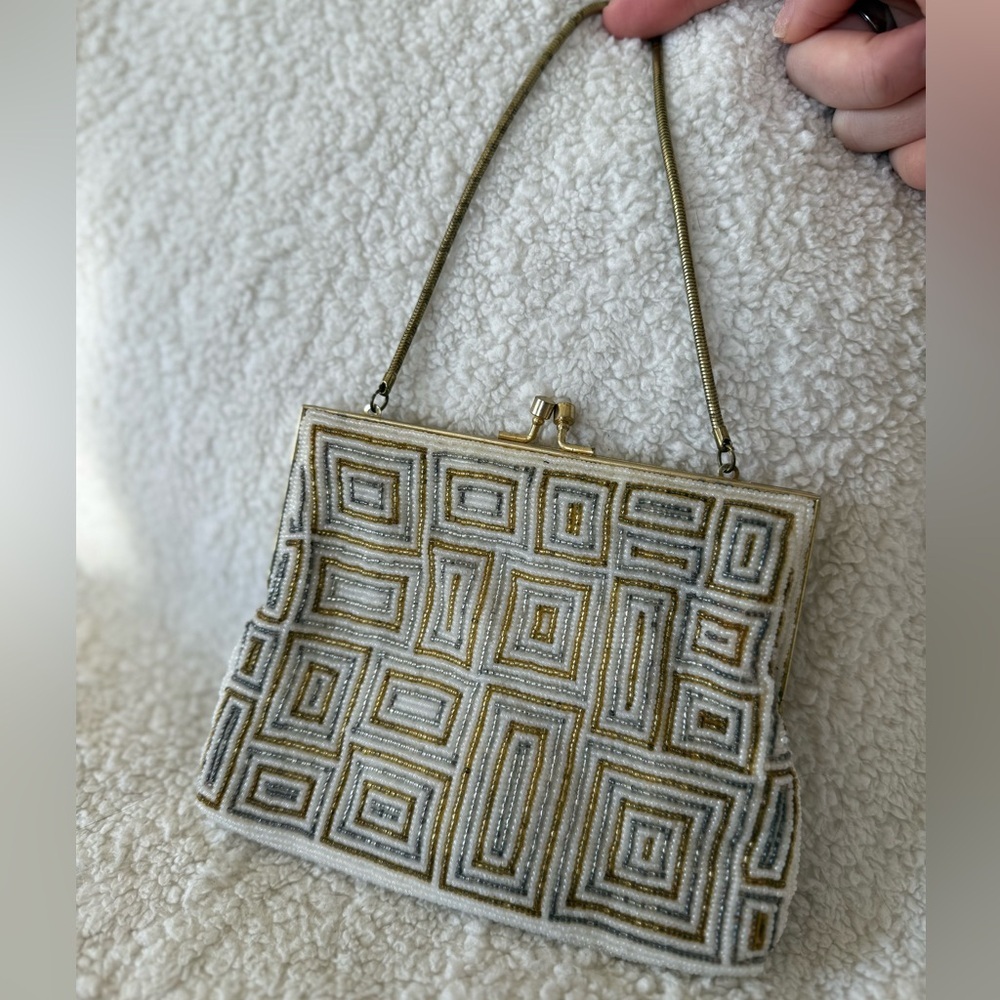 Vintage Walborg Gold & White Beaded Geometric Evening Bag Clutch